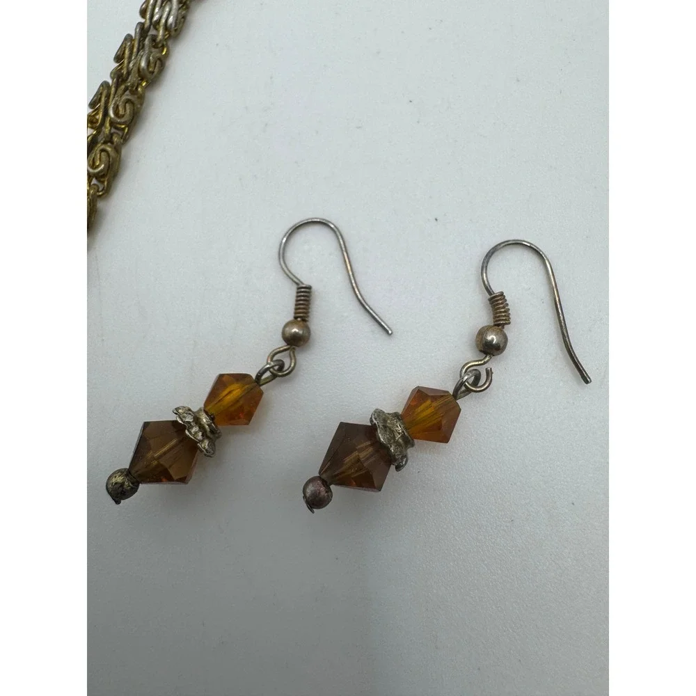 Vintage Amber Resin Tiger Eye Layered Necklace and Dangle Earring Set Gold Tone
